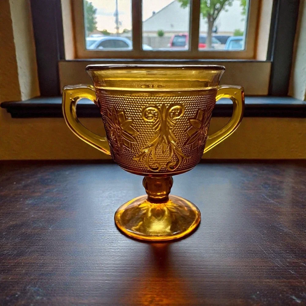 Vintage Tiara Amber Glass Pedestal Sugar Bowl Candy Dish Pressed Glass